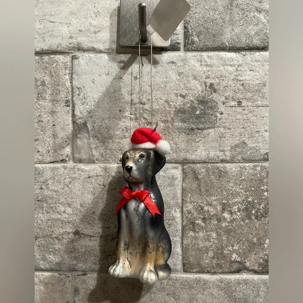 ❤️ POTTERY BARN BLOWN GLASS SANTA GERMAN SHERPARD DOG ORNAMENT NEW